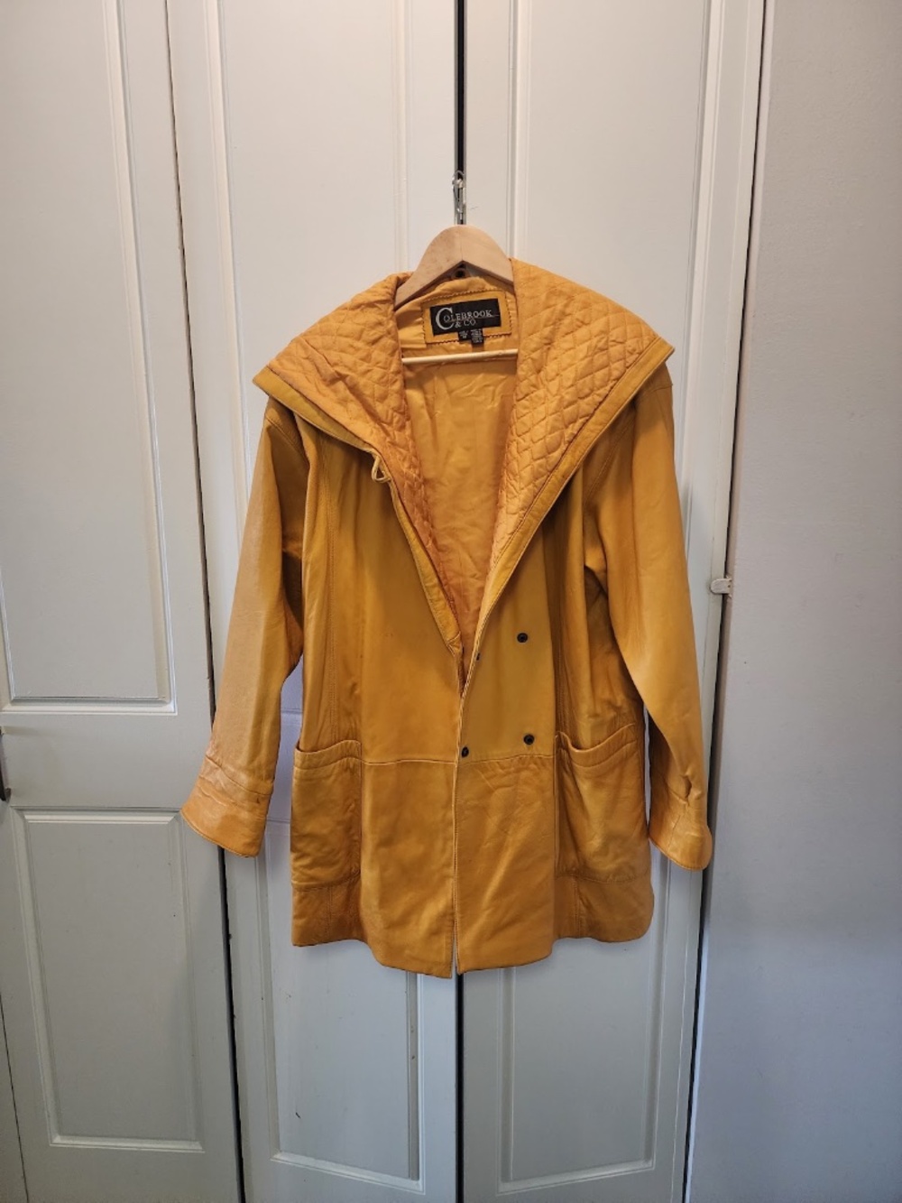 Colebrook & Co Women's Leather Coat Size M Oversized Sunshine Yellow Hooded